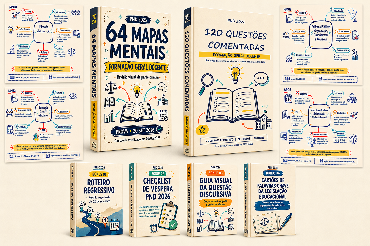 Composição da coleção completa com a capa dos 64 mapas mentais, quatro páginas reais e quatro bônus